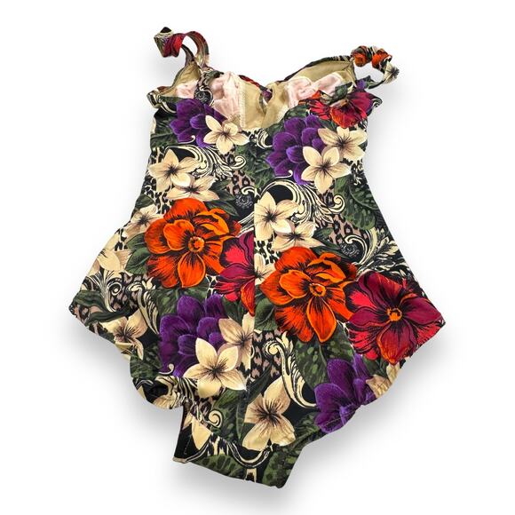 Vintage One Piece Tropical Floral Swimsuit 8 Surplice Pinup Beach Babe Resort - Picture 6 of 16